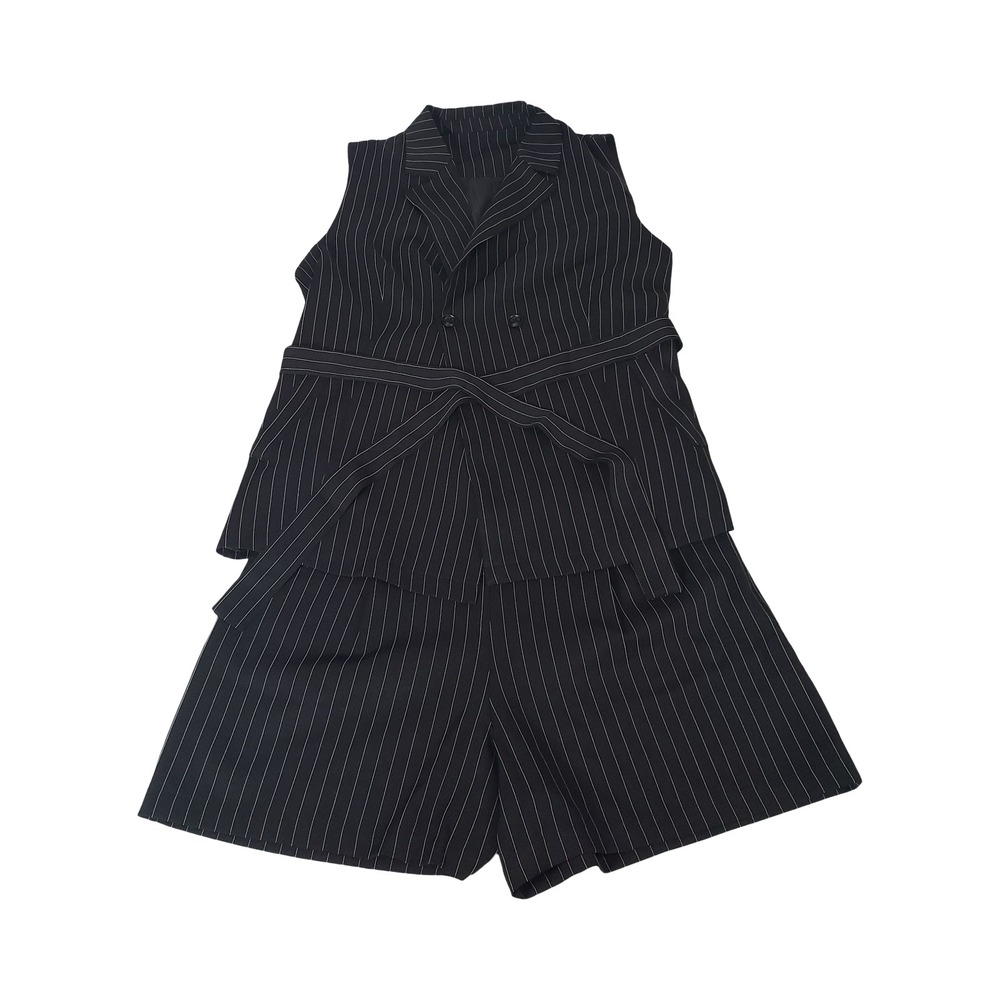 Womens Black Pinstripe 2 Piece Set Sleeveless Belted Vest & Shorts XL M2X024